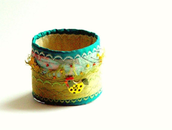 SUMMER BRACELET, Embroidered Jewelry, Turquoise Lime, Silk Bracelet, Quilted Textile