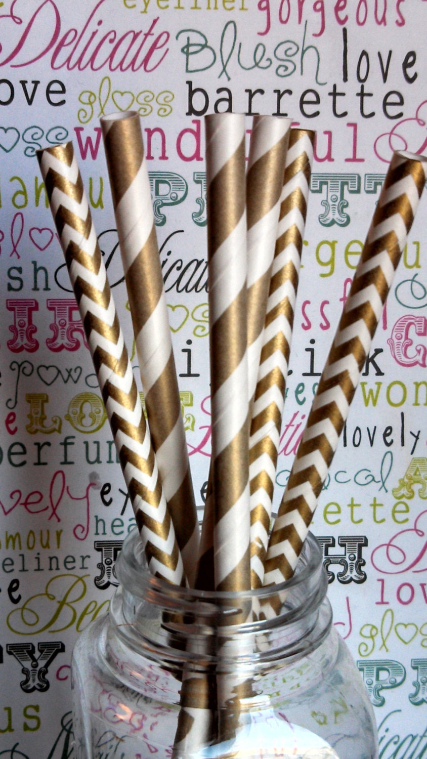 150 Gold Stripe and Chevron Paper Straws, Party Drinking Straws with Printable DIY Flag Toppers - 75 each design