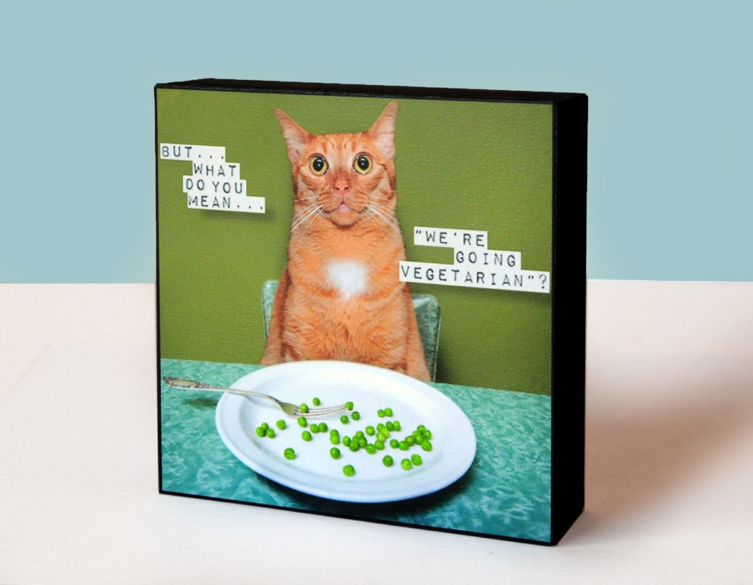 Vegetarian Cat, nature photography, mixed media, kitchen art, Photo block, wood, 5x5, office, home, cat lover, wall decor, funny