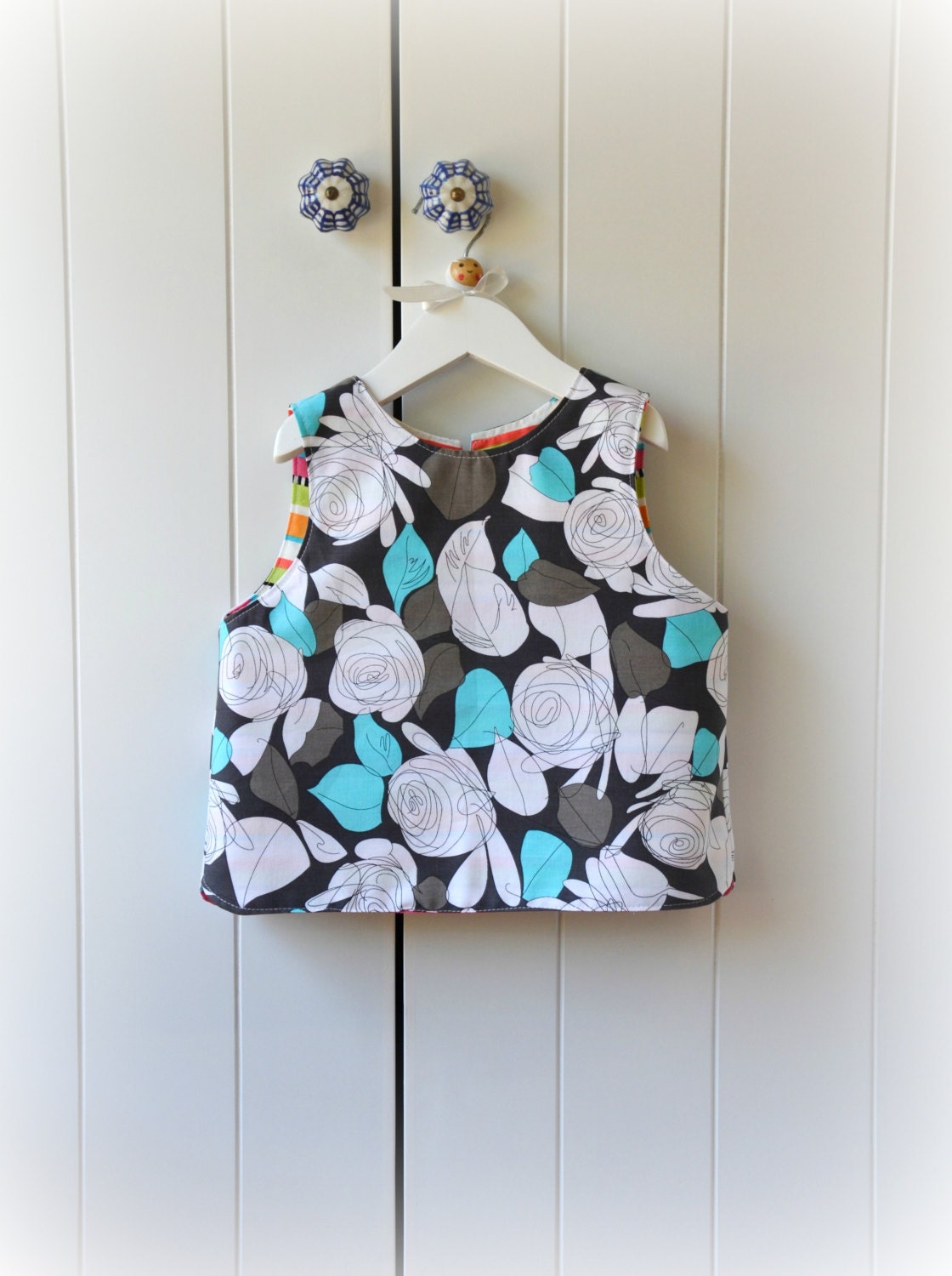 Modern roses Baby  Apron /  vest in grey and turquoise roses and colorful stripes