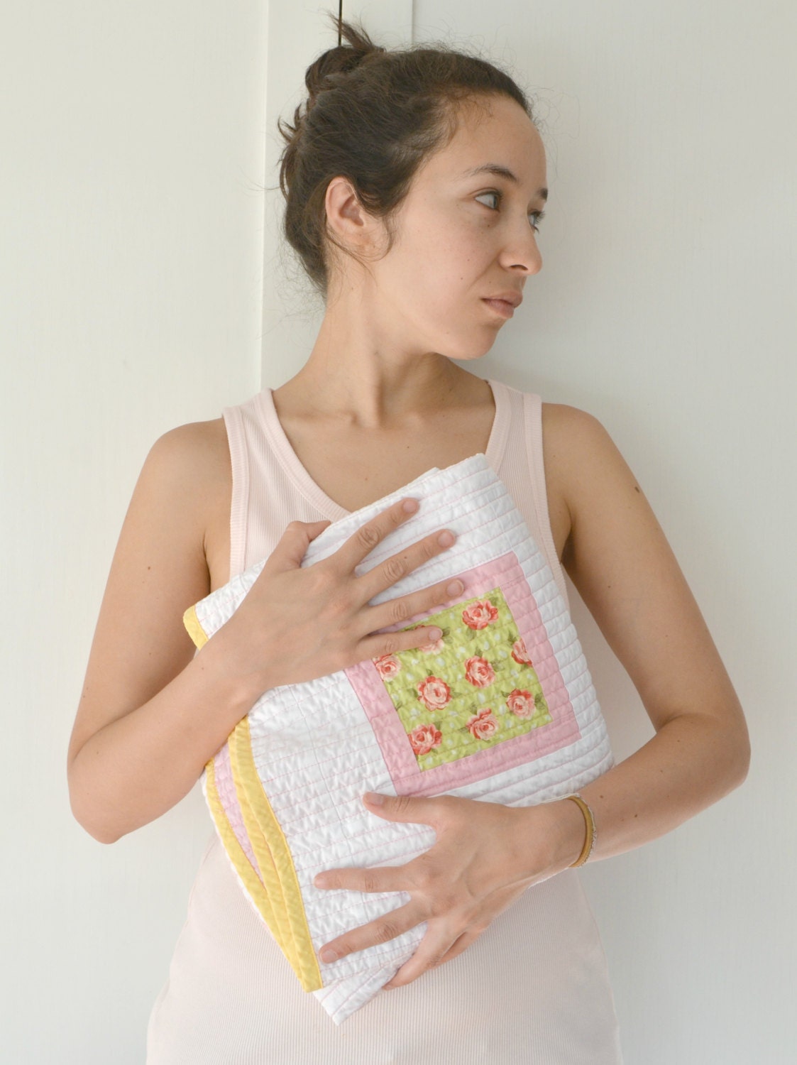 baby quilt for girl - pink yellow white and green colors