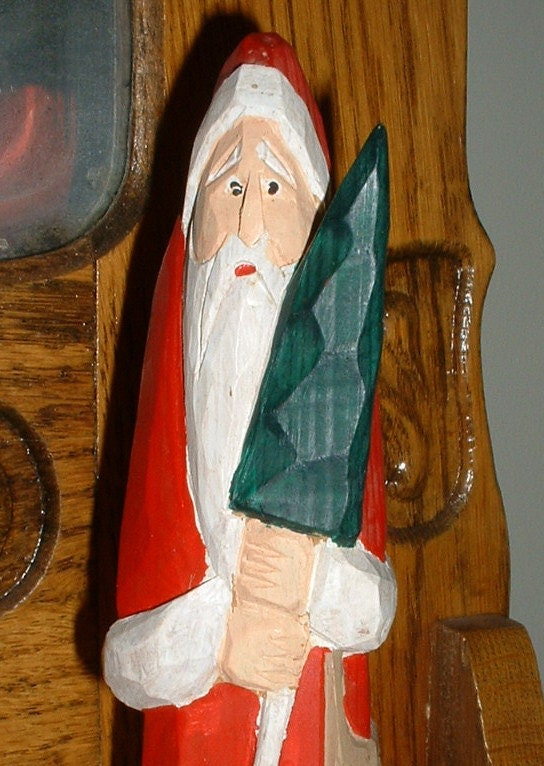 Vintage Santa Claus Hand Carved Old World Folk Art w/Christmas Tree - Holiday Decoration