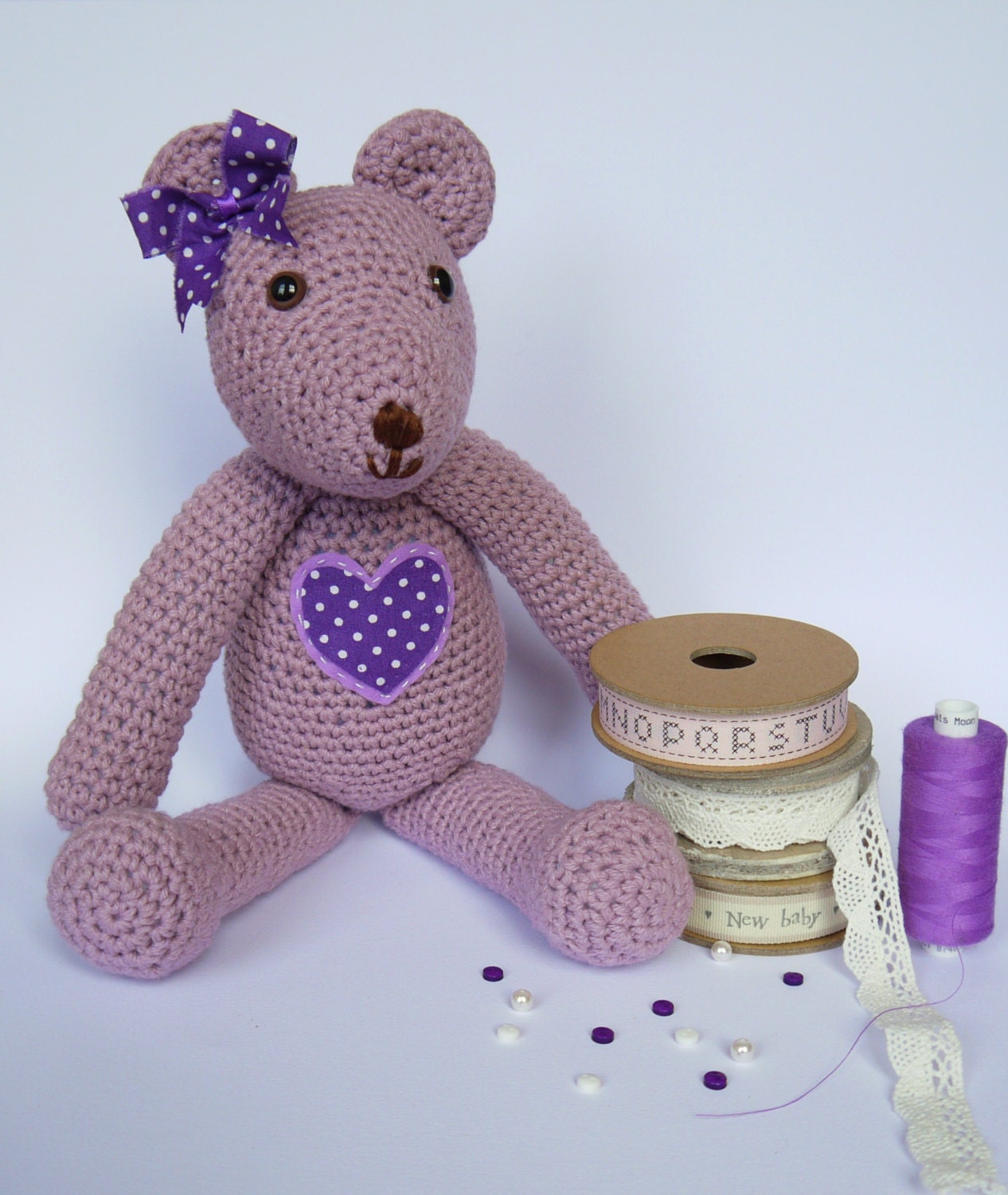 Large Amigurumi Crochet Teddy Bear. Perfect Baby shower or Christening Gift. Super soft Purple Lilac Teddy.