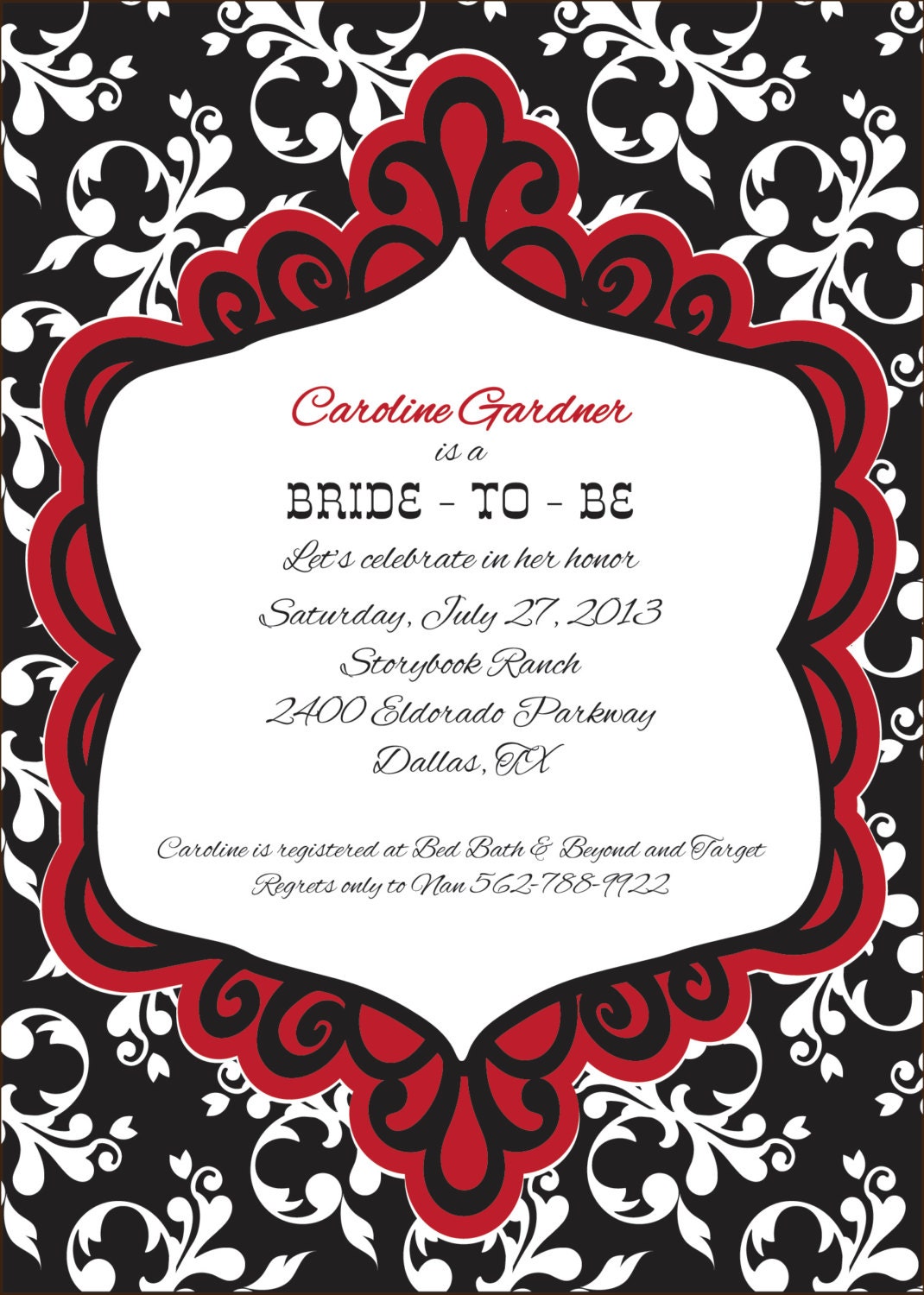 Bridal Shower Invitation - Red & Black Brocade - Bachelorette Party ...