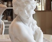 Large Antique French Marble Bust, French Maiden, Solid White Marble