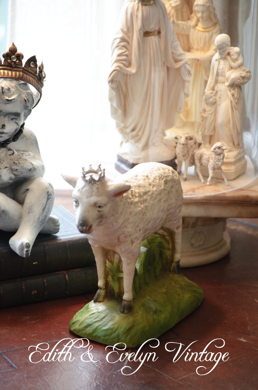Large Vintage Sheep Statue, Church Nativity, Plaster, Lamb
