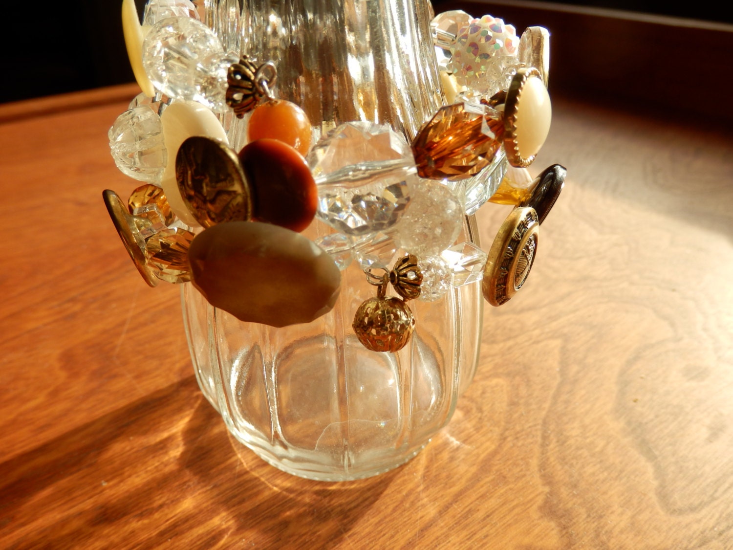 Sparkling Antique Golden, Clear and Cream Vintage Buttons-Clear Beads Memory Wire Coil Wrap Around Bracelet-Bling-Stacked-One of a Kind