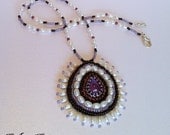 Amethyst and Pearl Necklace, Bead Embrodiered Necklace, Amethyst Jewelry
