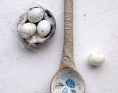 Rustic woodland ceramic spoon sculpture-bird nest with blue eggs