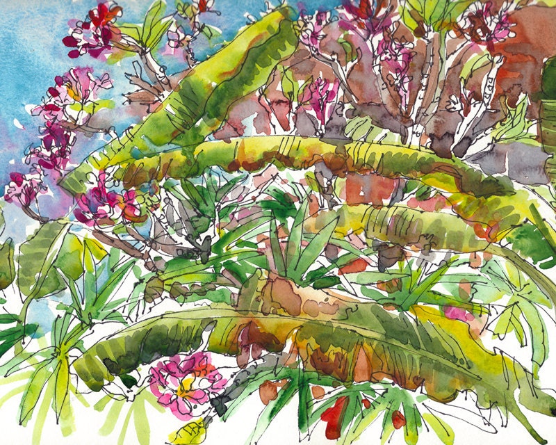 Emerald Green Tropical garden in Hawaii, watercolor sketch in emerald green and fuscia- 8x10 print