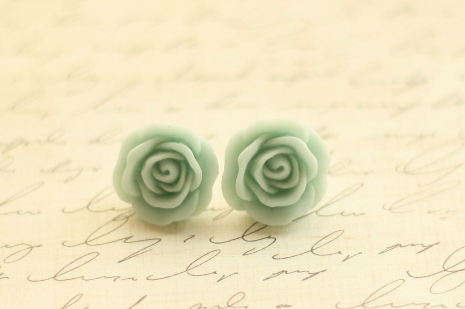 Large Pale Mint Rose Earrings - Mint Rose Earrings - Seafoam Roses Earrings - Vintage Wedding - Bridesmaid Earrings - Rosette Earrings