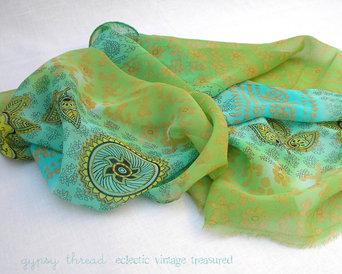 Turquoise, Aqua, Spring Green Ombre Chiffon Scarf, Spring Colors with Paisley Detail, Easy Care