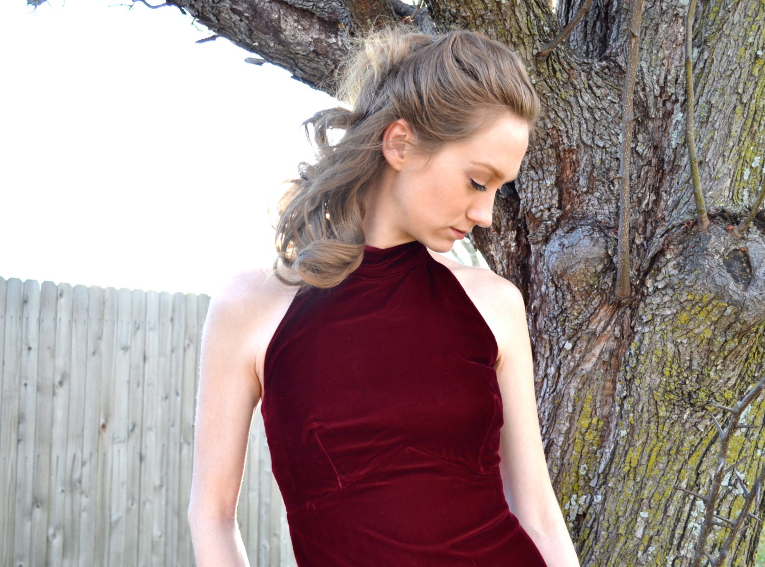Plum Velvet Dress & Jacket Handmade by ILGWU - Maroon Burgundy 60's 70's Floor Length Gown Long Halter Neck Collar and Victorian Ruffles
