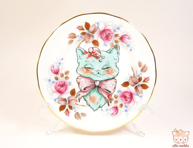 Vintage Butter Plate with a 'See No Evil' Cat Illustration
