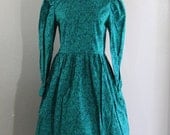 authentic 1950s teal dress with leaves print and peter pan collar- size large SALE
