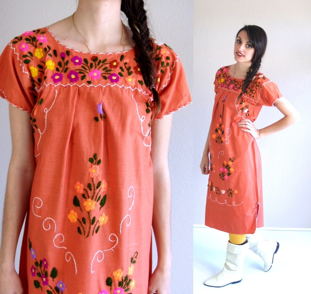 vtg 60s pumpkin orange MEXICAN EMBROIDERED ethnic DRESS hippie xs/s boho festival