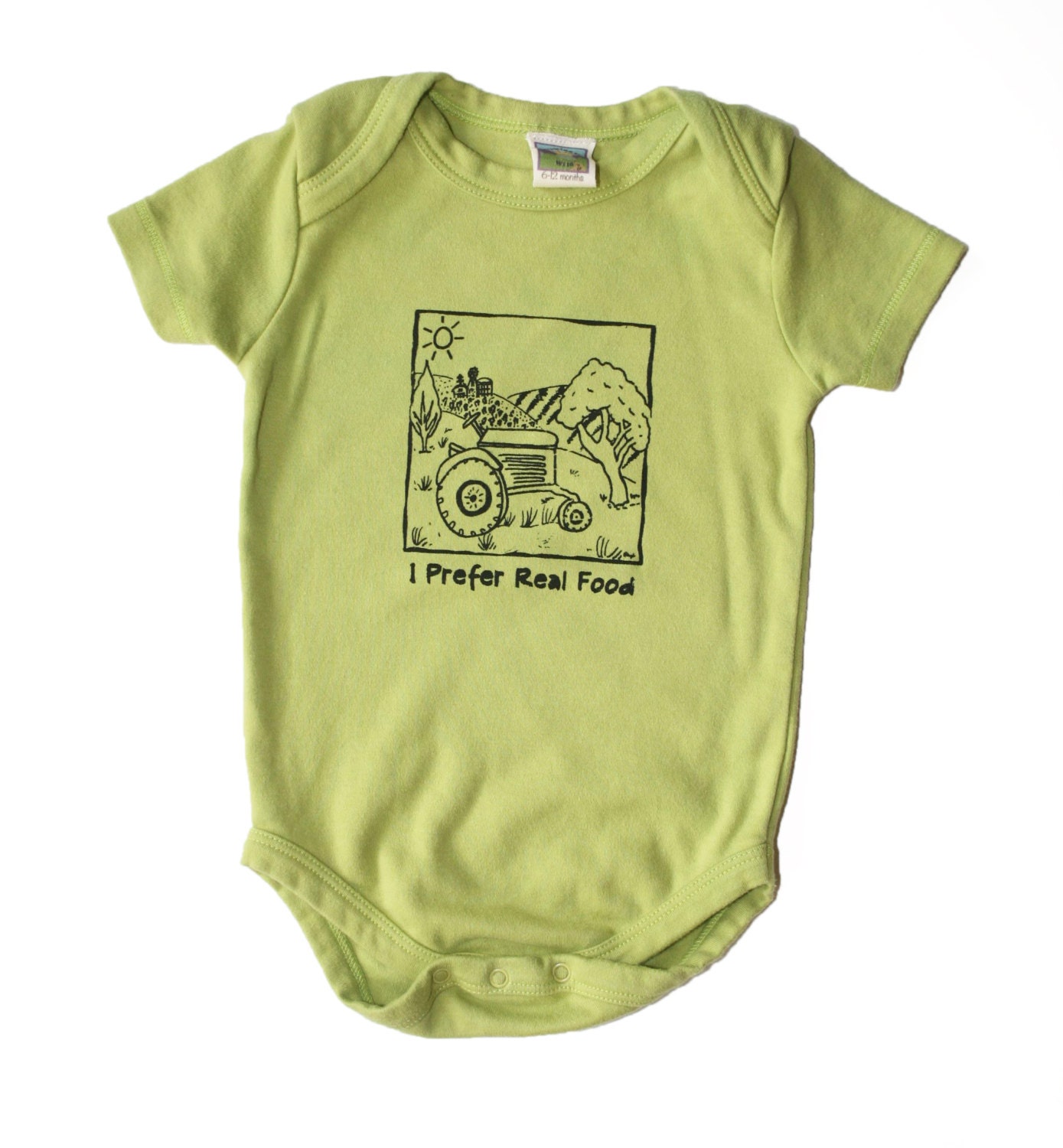 I Prefer Real Food- The Original Handprinted By the Artist 0 3 6 12 18 months Short Sleeve on Organic Kiwi Green  Baby Bodysuit