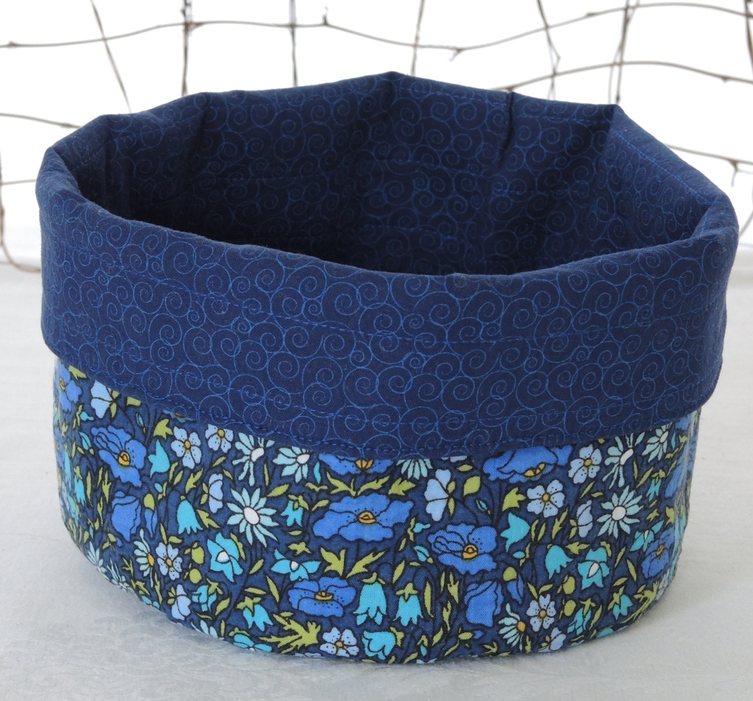 Yarn Bowl /Table Decor:  Navy Blue Floral - Reversible Storage Bin