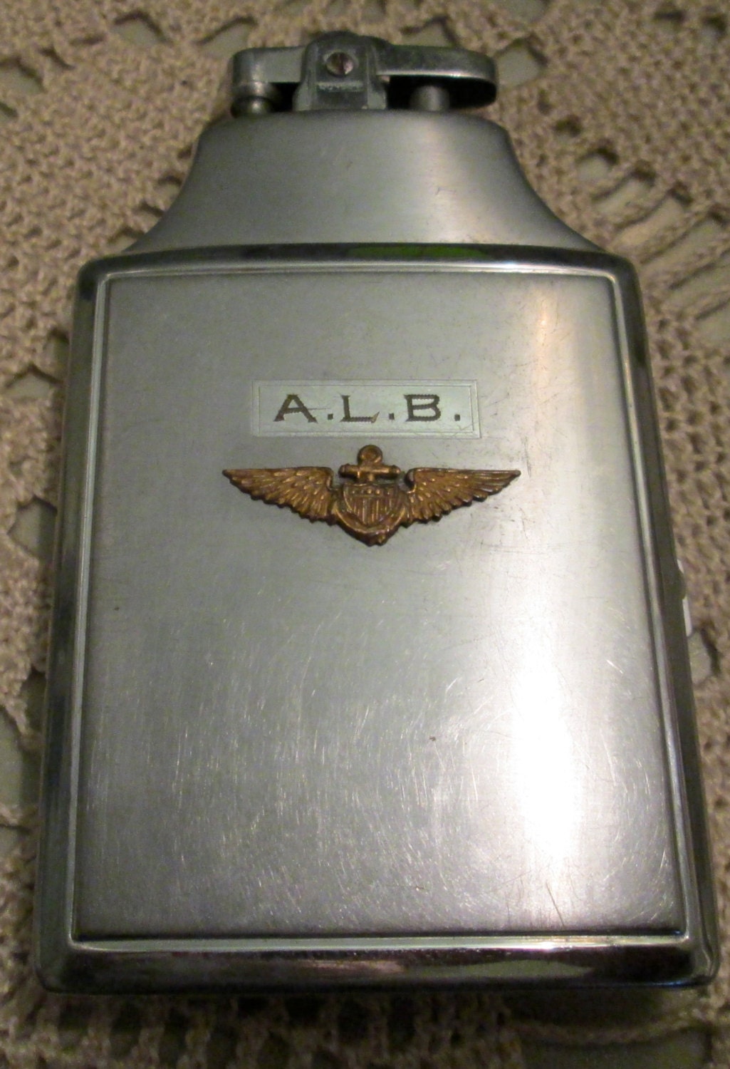 Vintage WWII Ronson Lighter Cigarette Case / 40s Navy Pilot Wings Chrome / Art Deco Lighter Cigarette Holder