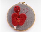 The Valentine Pheeple - Red and Grey Needle Felted Pheeple Embroidery Hoop Art Sculpture