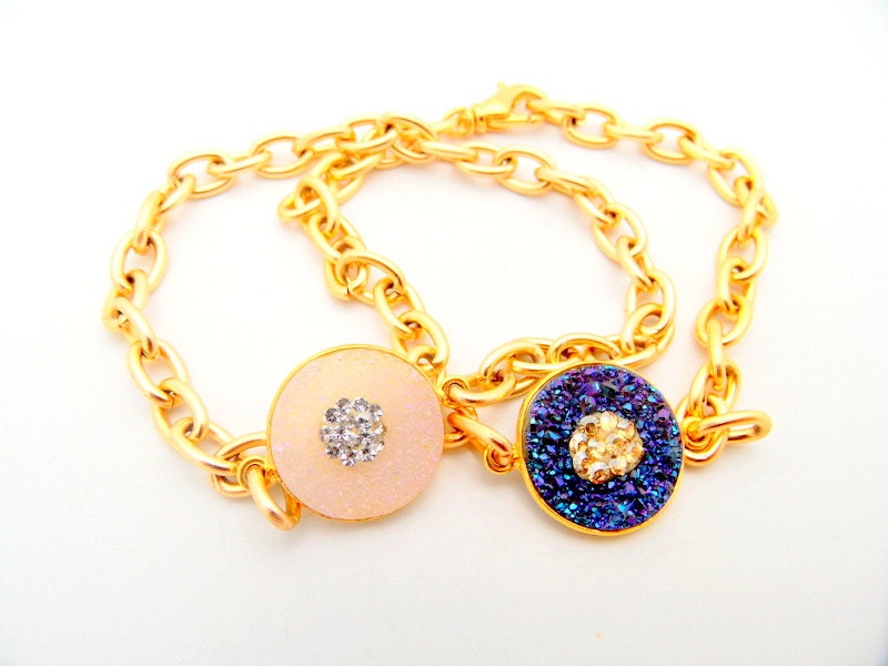 Swarovski Crystal Bracelet with Druzy Stone and Shiny Gold Chain, Blue Bracelet, White Bracelet, Stone Bracelet, Druzzy Charm Bracelet
