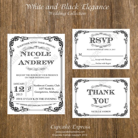 DIY White and Black Wedding Elegace PRINTABLE set Invitation 5x7 rsvp thank you card wedding Il_570xn