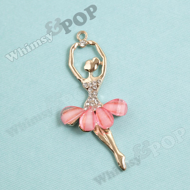 1 - Crystal Rhinestone Pink Tutu Enamel Ballerina Ballet Goldtone Kawaii Charm (2-2J)