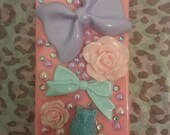 HANDMADE Pretty Pastel coral decoden iPhone 4 phone case with huge lilac and aqua bows pink roses blue owl and gems.