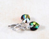 Small Heart Earrings Swarovski Crystal Vitriol Green Beadwork Earrings Spring Jewelry