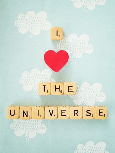 I Love The Universe. Fine Art Photography. Retro Scrabble. Vintage Wood Dice. Happy Art. Home Décor. Sky Blue. Size A4