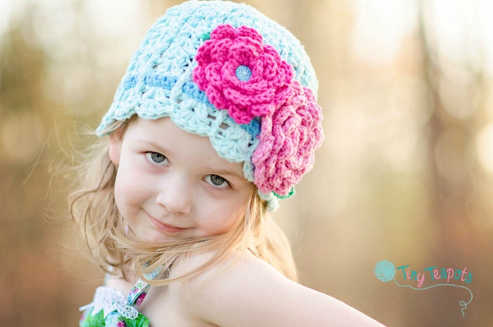 Girls Hat, Scalloped Crochet Beanie. Aqua blue, Baby, Toddler