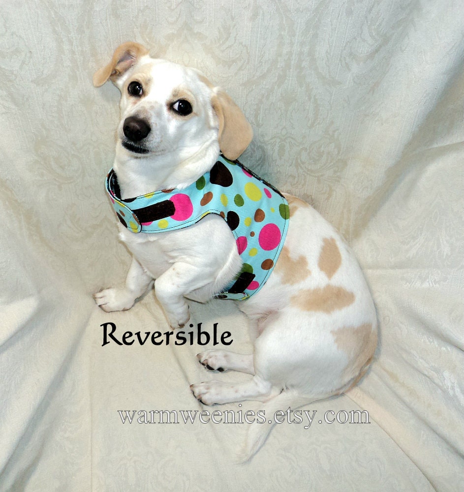 Dachshund dog vest harness pets clothing adjustable reversible blue polka dot brown calico handmade