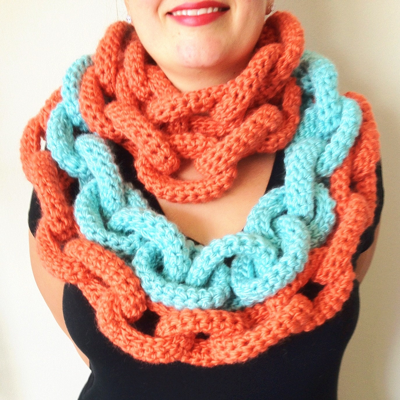 Crochet Chain Link Scarf, Statement Necklace, Wool Cowl, Bling, With Charity Donation by Knits for Life