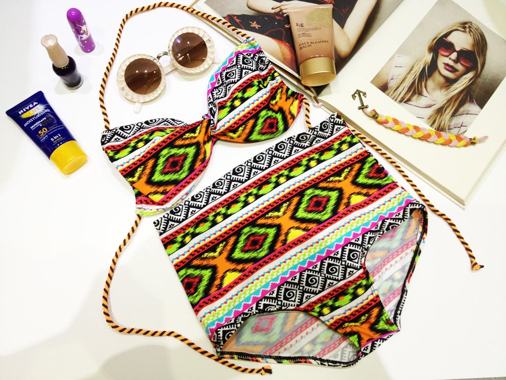 New vintage high waist bikini tribal top and bottoms fashion on summer women set handmade 100%