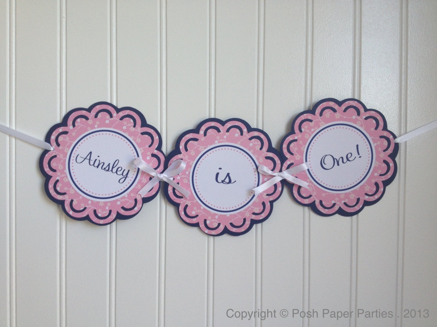 Baby's First Birthday High Chair Banner - Preppy Pink and Navy - I am One or Name is One Il_170x135