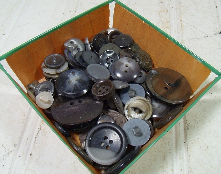 Vintage Variety of Grey Buttons Collection - 98 Buttons for Repurposing Upscaling Upcycling - Berry Basket of Supplies