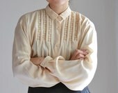 SHEER Cream Oversized Button Down Vintage Blouse. Cream Blouse With Daisy Detail. Wedding Blouse.