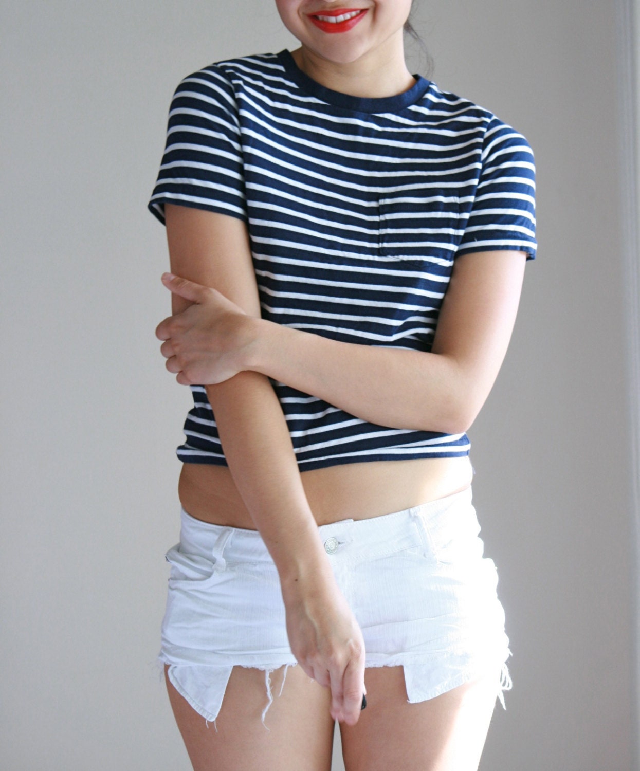 Blue and White Nautical Cropped Stripped Shirt. Unisex Stripped Shirt. Crop Stripped Shirt. XSmall- Small