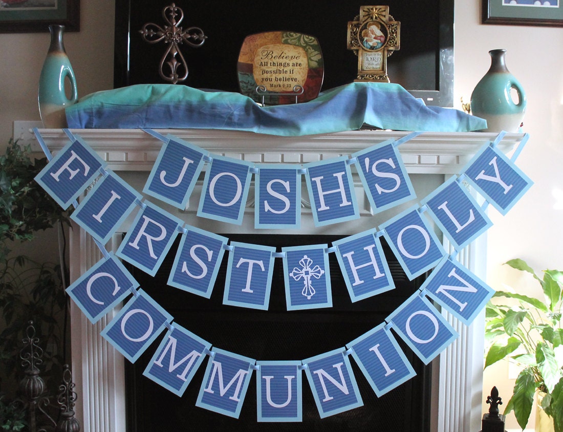 personalized for boy first holy communion banner - blue and white