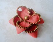 Pink Flower Brooch, Salmon Pink Flower Pin, Pink Zipper Brooch, Salmon Pink Zipper Flower Pin