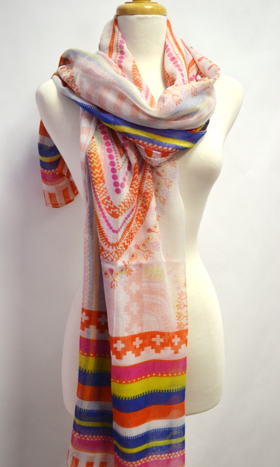Marrakech Aztec Tribal Ikat Exotic Print Scarf Shawl Wrap White Orange Navajo Print Fashion Accessory