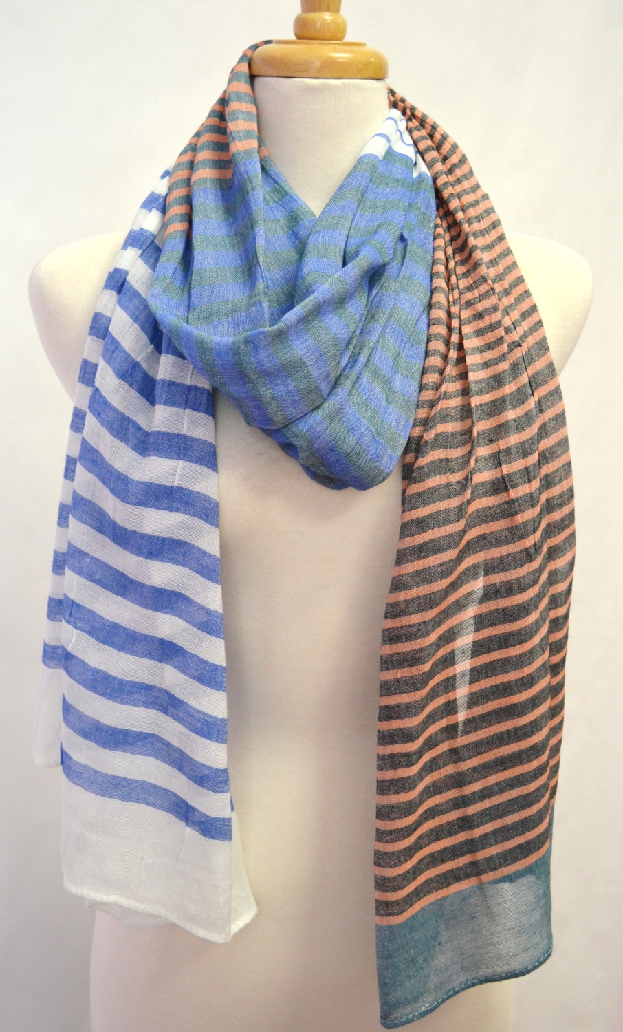 BLUE & WHITE color block Nautical Stripes Sailor Boating Unisex Cotton Scarf Shawl Wrap Blue White
