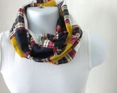 Men's Cotton Circle Neck Scarf Preppy Patchwork  Plaid in Navy, Golden Yellow, Rusty Red and White Madras Plaid  Loop Scarf