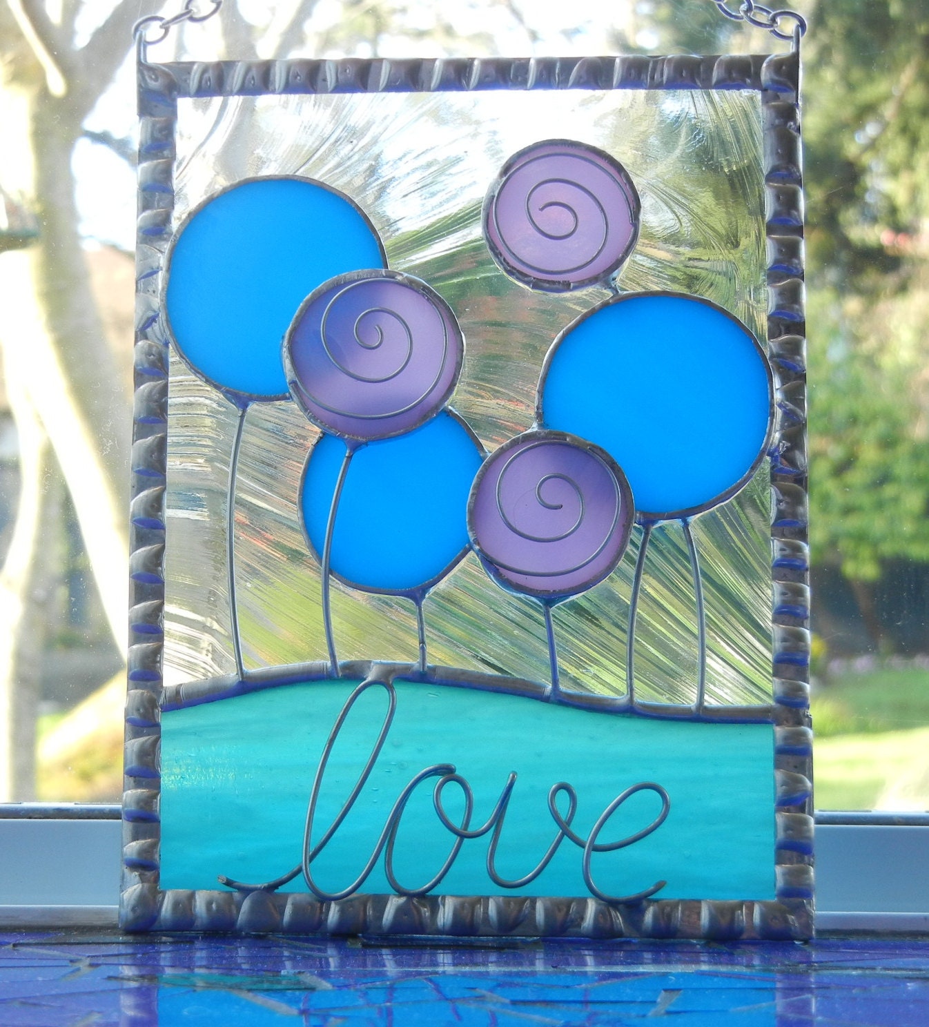 Happy Love Flowers Suncatcher - Green, Blue and Purple