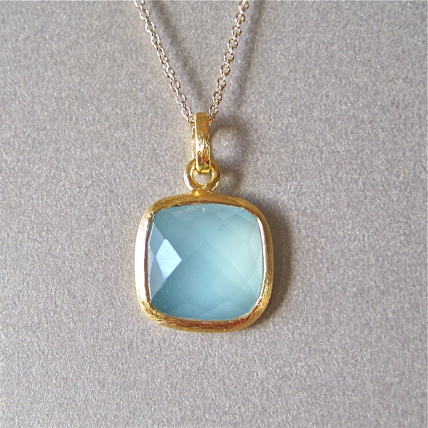 Aqua Chalcedony Square Gold Pendant Necklace