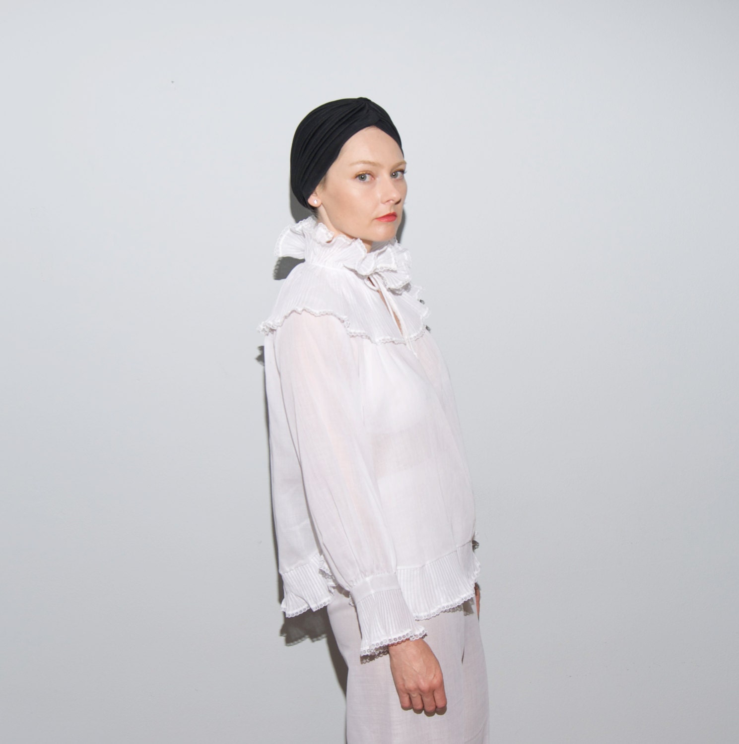 White Pierrot style cotton Pajama suit with ruffle collar