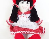 2 hats handmade rag doll soft body cloth fabric red sweetheart Mary Jane shoes black hair, NF142