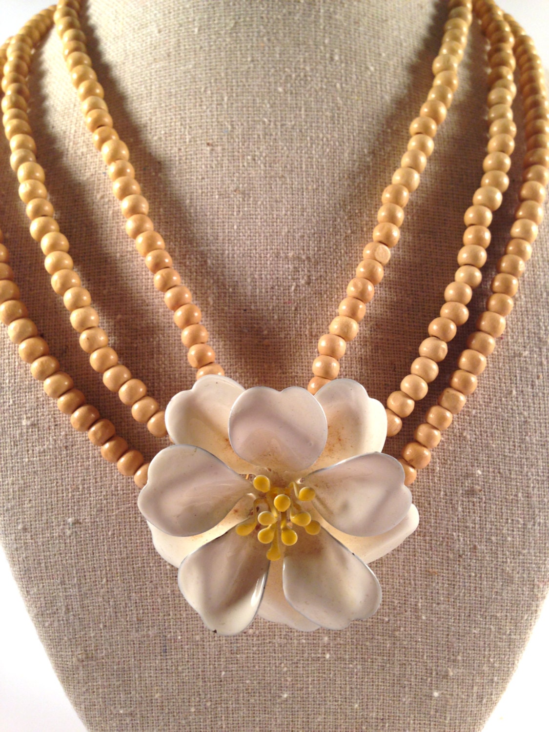 Vintage Enamel White Flower Brooch Wooden Bead Multistrand Necklace
