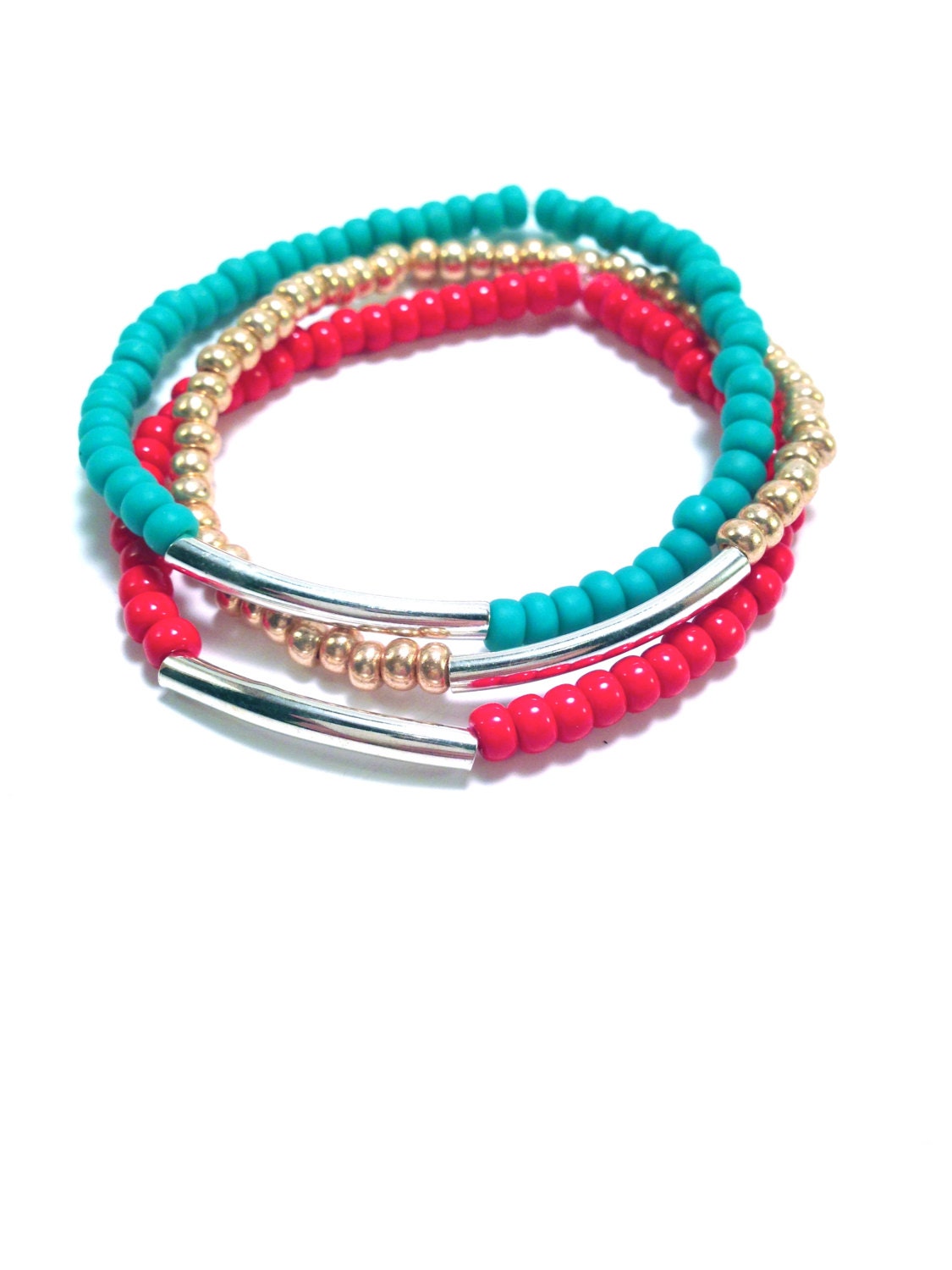 Colorblock Stackable Bracelets in Turquoise, Rose Gold and Poppy Red