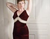 1930s Revival Burgundy Velvet Formal Floor Length Gown
